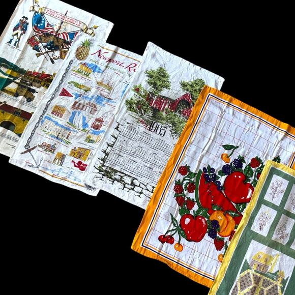 Lot Of 5 Vintage Souvenir Tea Towel Calendars MCM Fruit Historic Travel Floral - Picture 1 of 6